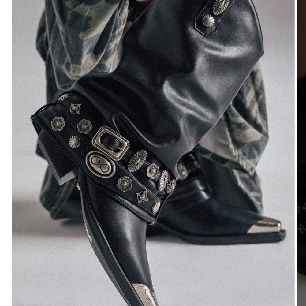 NWT Studded Black Leather Western Boots with Silver Accents